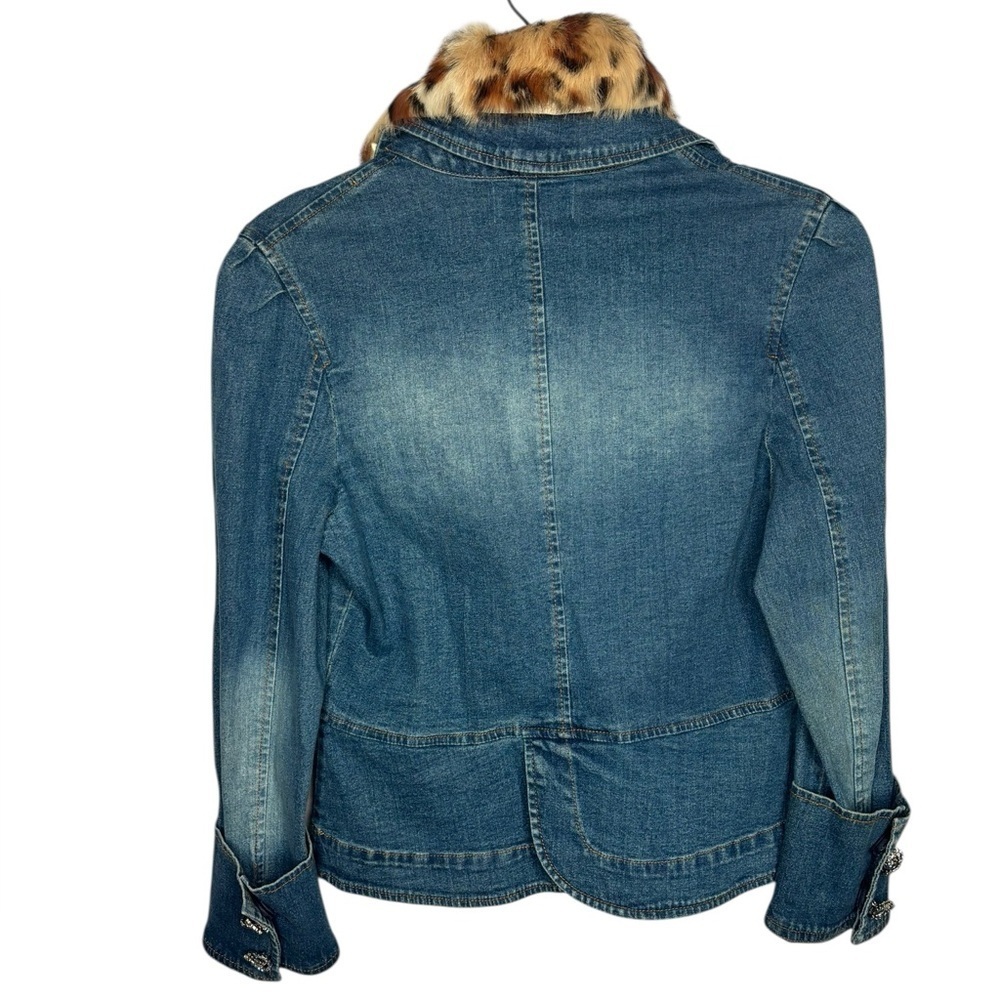 Y2K Berek Denim Faux Cheetah Fur Collar Embellished Jean Jacket Size Small - Picture 7 of 13